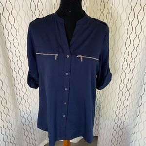 Calvin Klein Women Blouse Top Navy Blue Small Button Down Silver Zipper